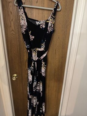 Maurices Black Floral Tie-Waist Jump Suit with Pink, Yellow, and Blue Accents